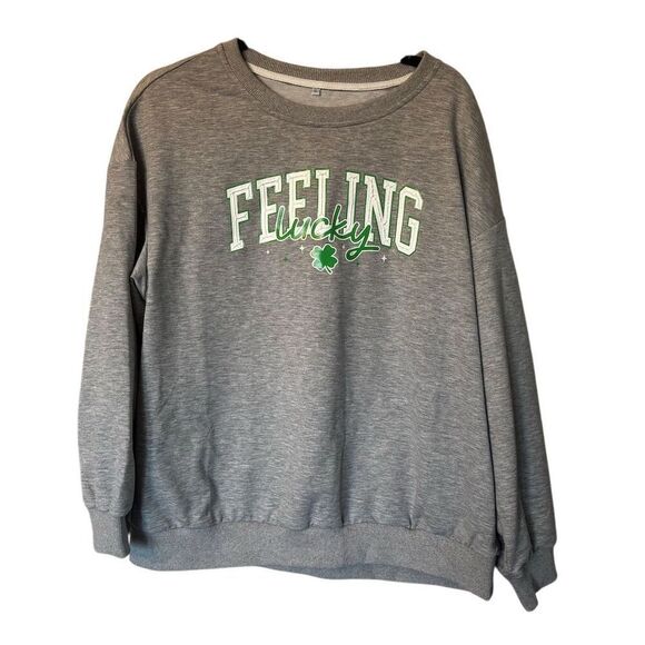 Etsy Unisex XL Gray "Feeling Lucky" Embroidered Sweatshirt St. Patrick's Day - Picture 1 of 7